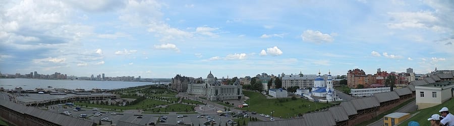 Kazan, view from the Kremlin 
Panorama from 7 exposures, using Hugin -- then, after noticing the original was too dark, after lifting shadows a bit in RawTherapee